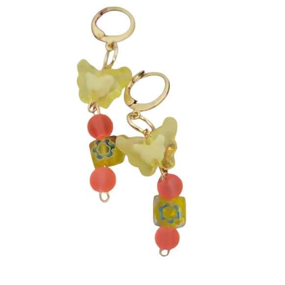 Millefiori Kawaii Butterfly Neon Orange Frosted Glass Bead Huggie Hoop Earring - Picture 2 of 3